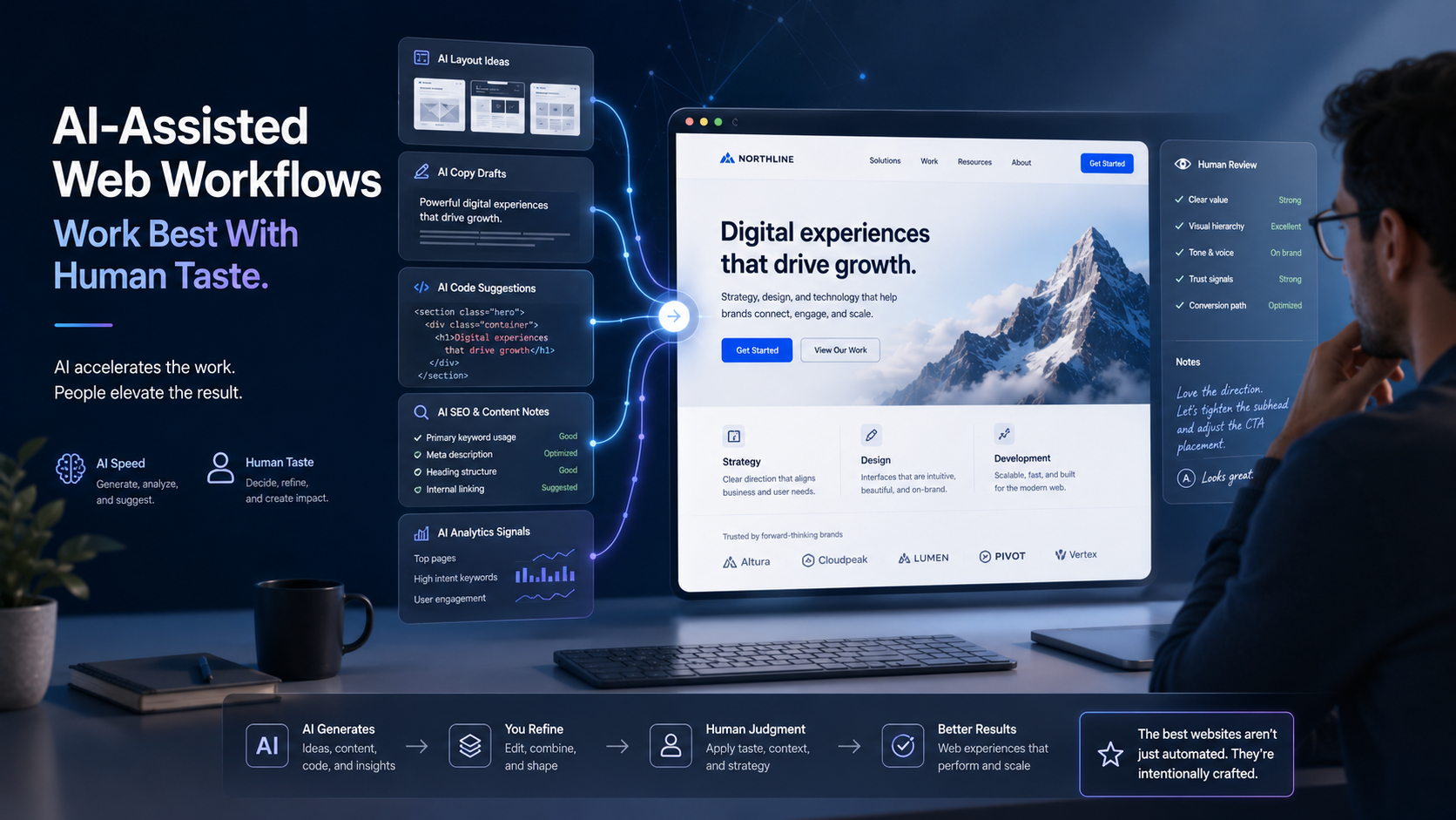 AI-assisted web workflow concept showing human judgment guiding content, design, code, and launch decisions.
