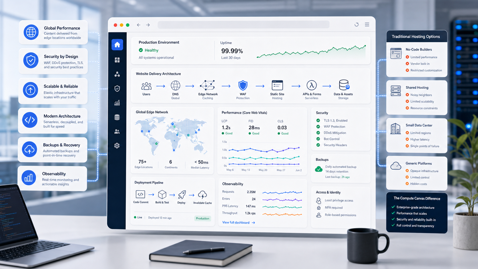 Cloud hosting operations dashboard showing global performance, DNS, edge network, WAF, static site hosting, serverless forms, storage, backups, observability, deployment pipeline, and hosting alternatives.