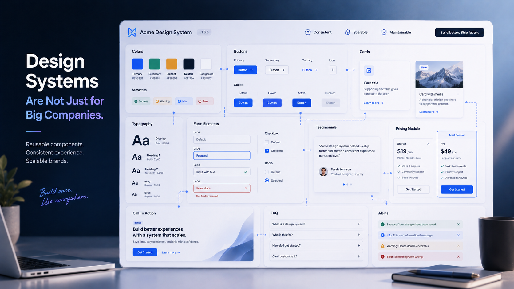Design system concept showing reusable typography, color, component, spacing, and content patterns organized for a small team website.