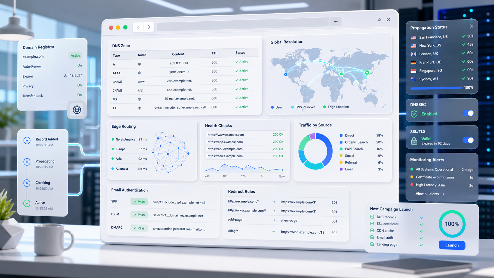 DNS operations dashboard showing domain registrar status, DNS records, global resolution, CDN routing, email authentication, SSL status, monitoring alerts, and campaign launch checks.