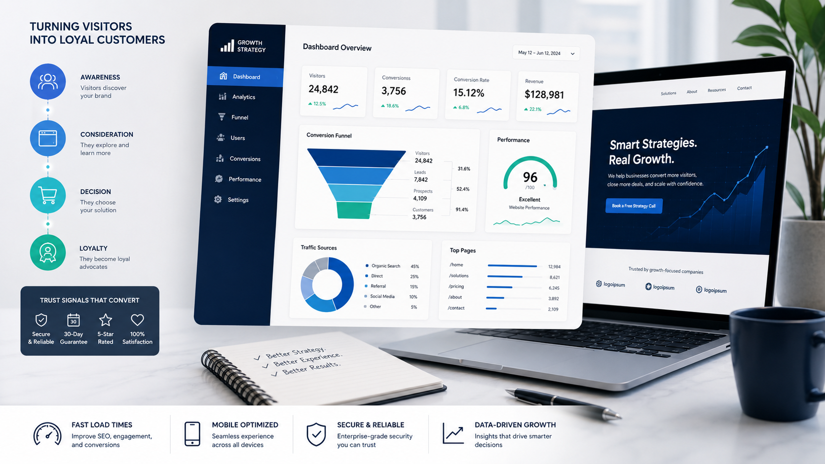 A dashboard and website performance concept showing conversion funnels, growth metrics, trust signals, and customer journey stages.