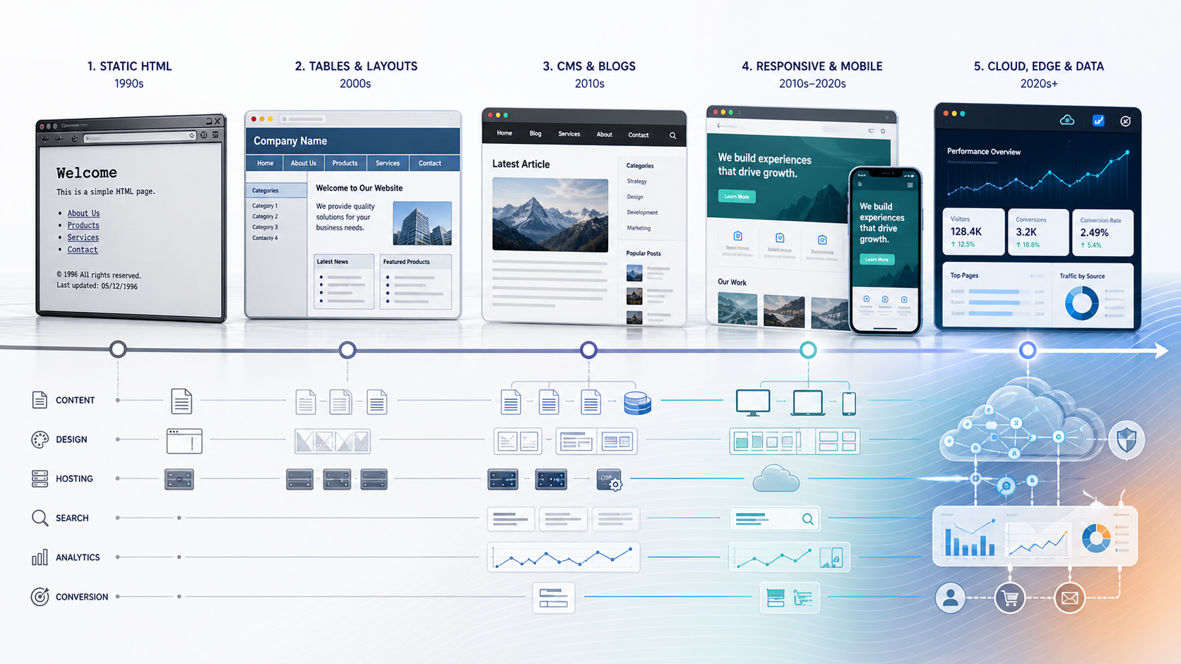 Timeline of business website evolution from static HTML pages to table layouts, CMS blogs, responsive mobile design, and cloud edge data-driven platforms.