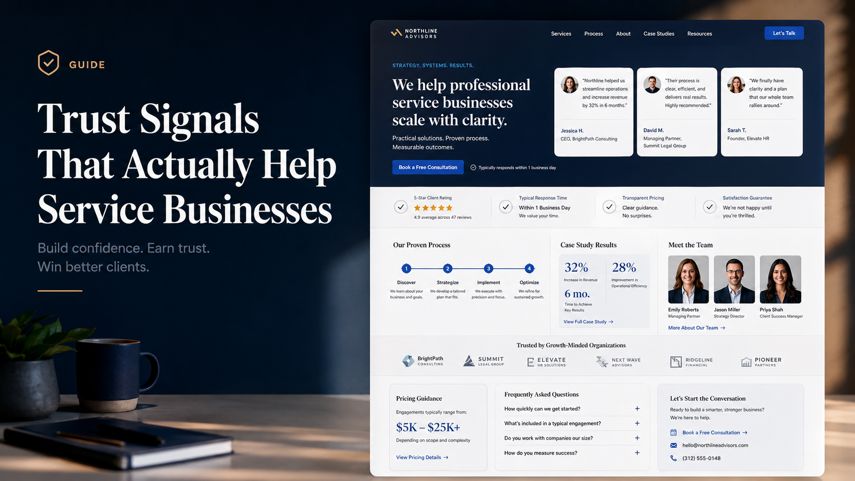 Service business trust signals concept showing proof, process, people, expectations, and buyer confidence indicators.