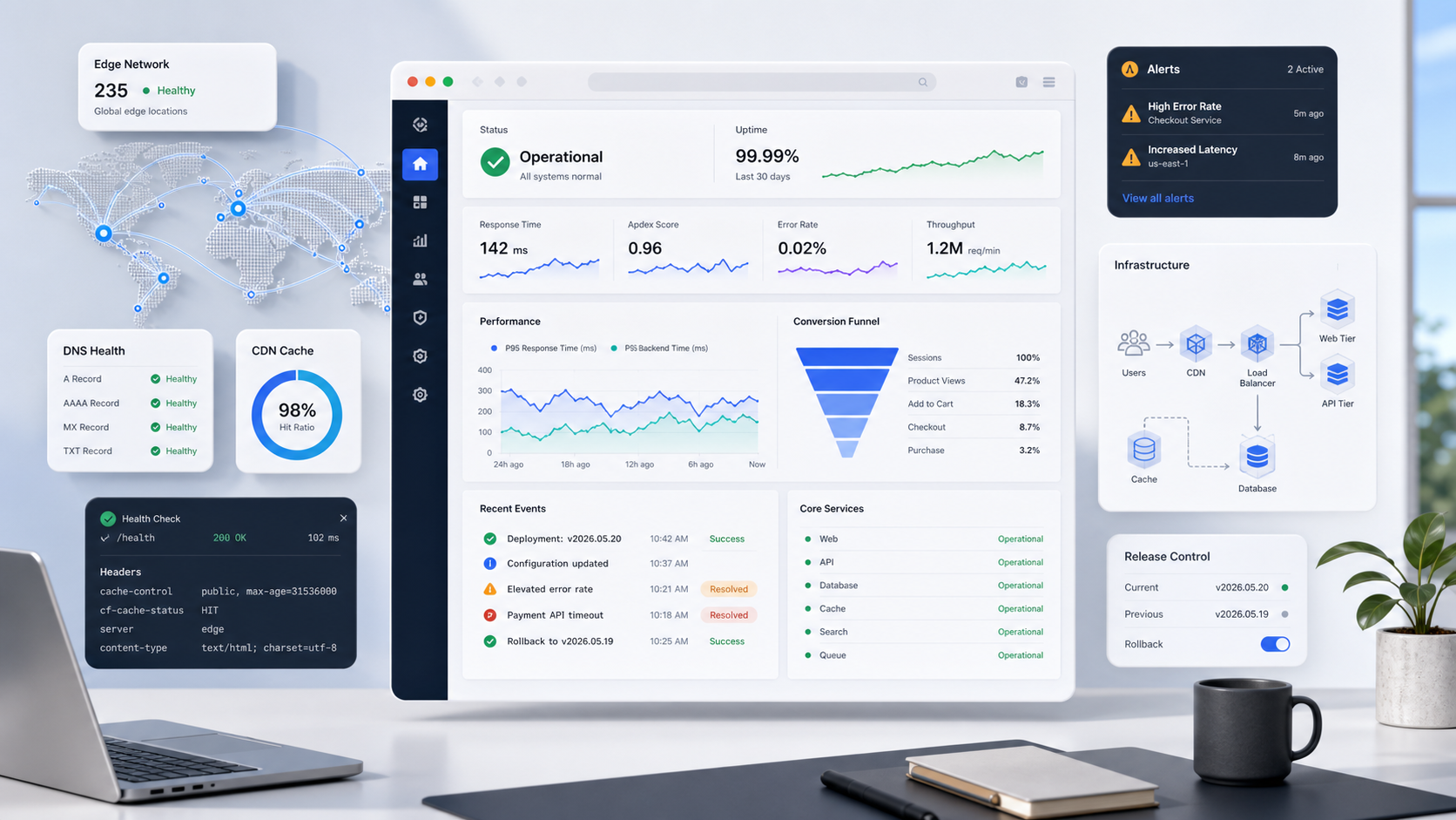 Website reliability operations dashboard showing uptime, CDN health, DNS status, alerts, rollback controls, conversion funnel, and infrastructure layers.