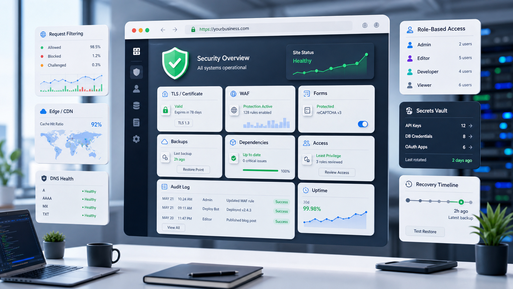 Website security operations dashboard showing TLS status, WAF, request filtering, backups, role-based access, dependency health, secrets vault, and recovery timeline.