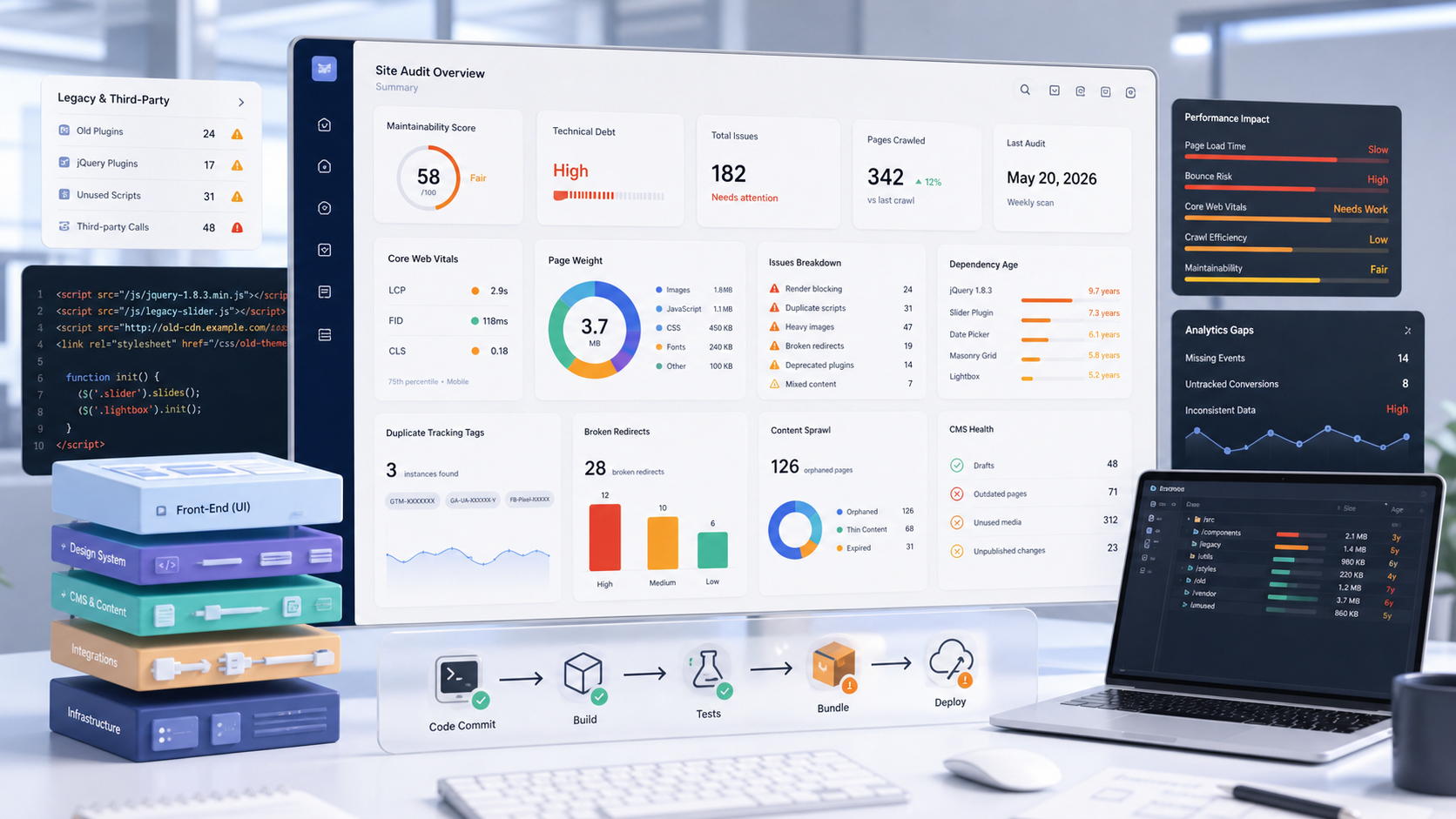 Website technical debt audit dashboard showing maintainability score, old dependencies, Core Web Vitals, duplicate tracking tags, content sprawl, broken redirects, and deployment pipeline.