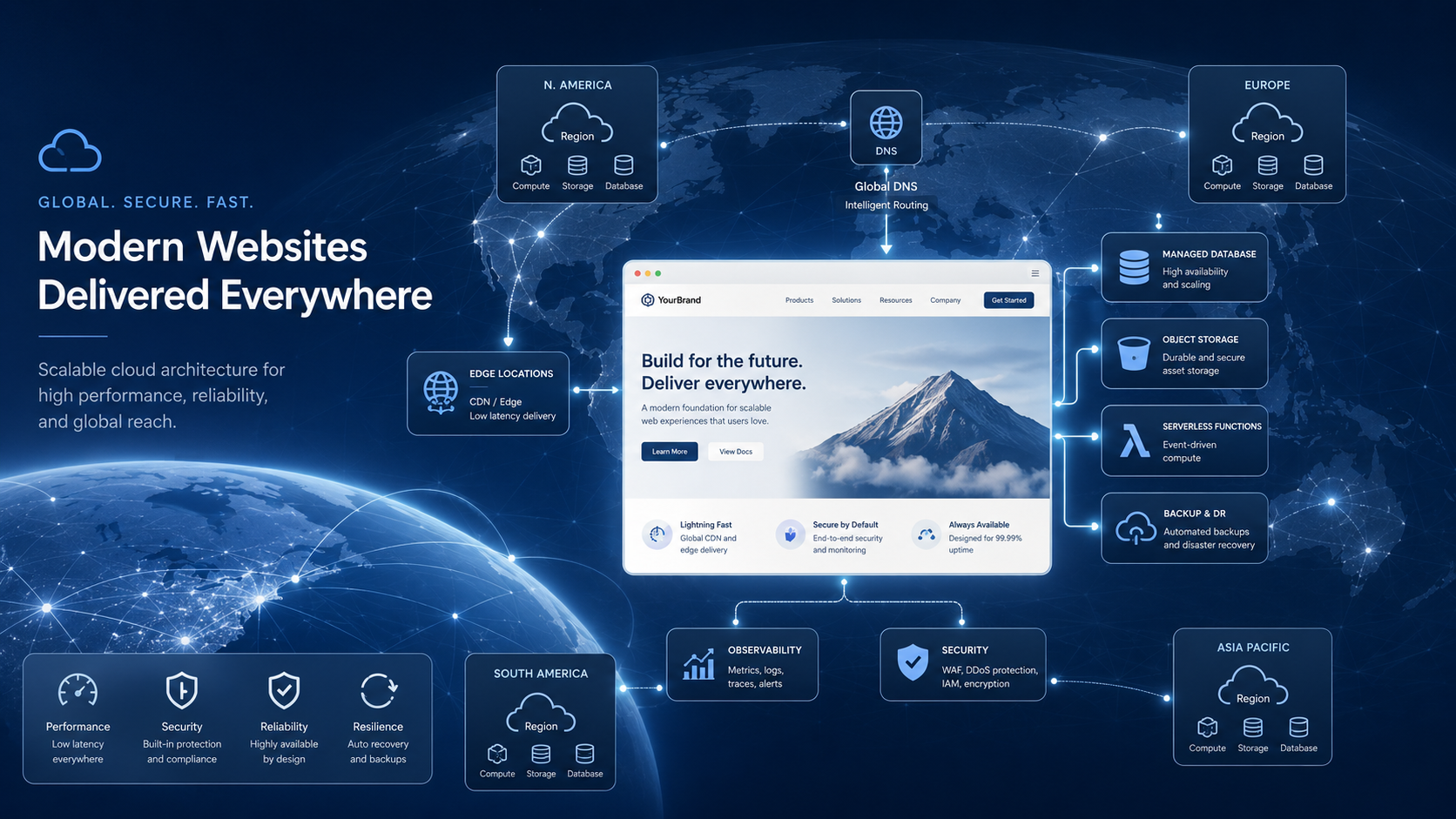 Public cloud hosting concept showing global delivery, managed services, security, observability, and scalable website infrastructure.